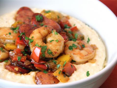 Spicy Shrimp and Andouille Sausage over Grits