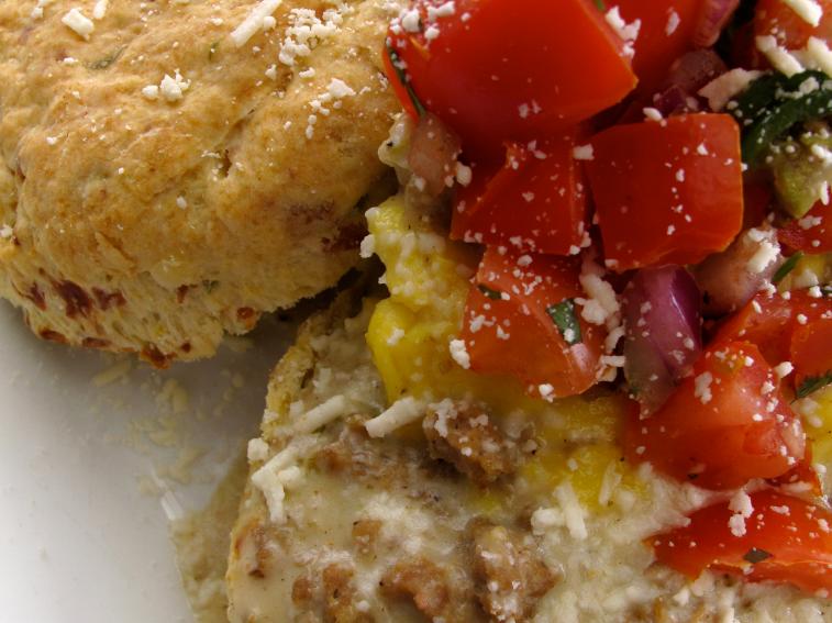Green ChileSmoked Cheddar Biscuits and Chorizo Gravy with Eggs