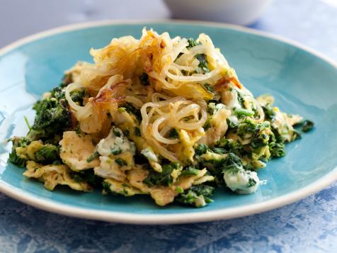 Meatless Monday: Matzo Brei with Creamed Spinach and Crispy Onions