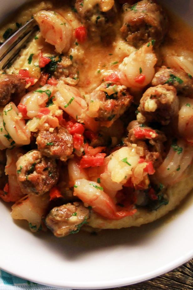 Sausage, Shrimp and Peppers over Cheesy Grits Recipes