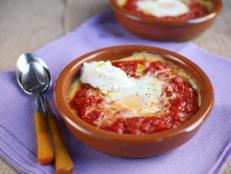 Cooking Channel serves up this Baked Eggs in Creamy Polenta and Pepperoni Tomato Sauce recipe  plus many other recipes at CookingChannelTV.com