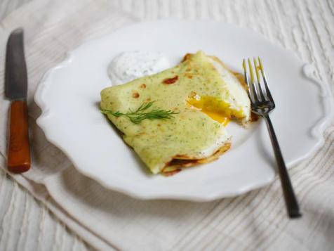 Dill Crepes with Turkey, Havarti and Sunny-Side-Up Eggs