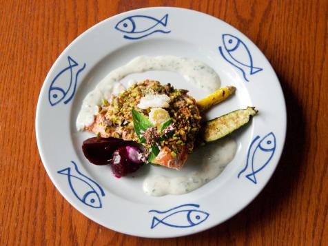 Pistachio-Crusted Chinook Salmon with Ginger-Cardamom Yogurt Sauce, Glazed Beets and Grilled Summer Squash