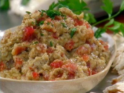 Eastern European Dish Eggplant Caviar Piled High in a Light Brown and Gray Bowl