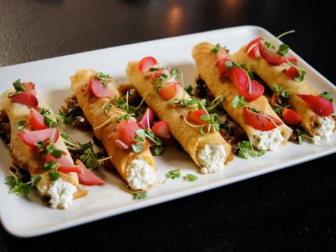 Roti Crepes with Ri-Cottage Cheese, Roasted Apple Chutney and Pickled Radish