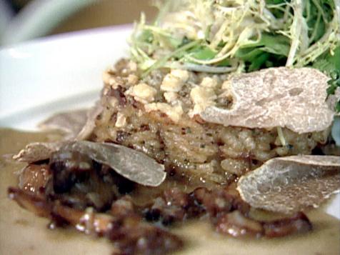 Mushroom Risotto Cakes Stuffed with Duck Liver, Petit Greens, and White Truffles