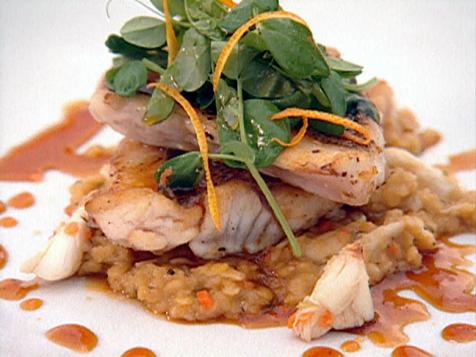 Crispy Skinned Florida Yellowtail Snapper, Red Lentil and Yellow Crab Cassoulet with Sweet and Sour Tangelo Cascabel Syrup