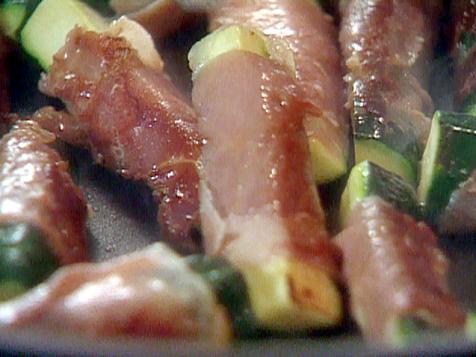 Sauteed Zucchini Batons with Prosciutto Drizzled with Caramelized Onion Sauce and Mango Sauce