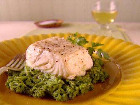 Halibut Poached in Olive Oil with Broccoli Rabe Pesto