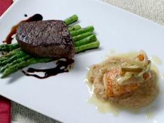 Cooking Channel serves up this Pan Roasted Filet Mignon with Asparagus Sea Bass with Roasted Cauliflower Puree recipe from Brian Boitano plus many other recipes at CookingChannelTV.com