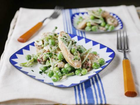 Warm Fingerling Potato Salad with Bacon, Peas and Horseradish Creme Fraiche