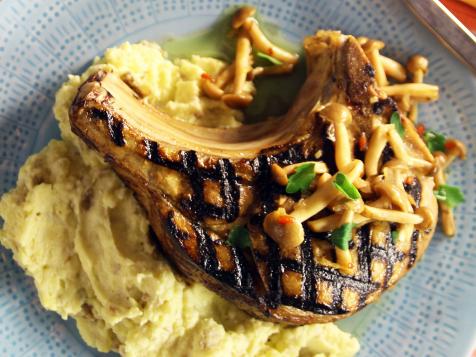 Pickle-Brined Pork Chops with Mushroom Escabeche and Smashed Potatoes