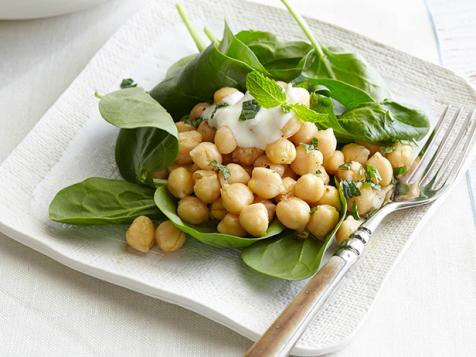 Chickpea and Spinach Salad with Cumin Dressing and Yogurt Sauce