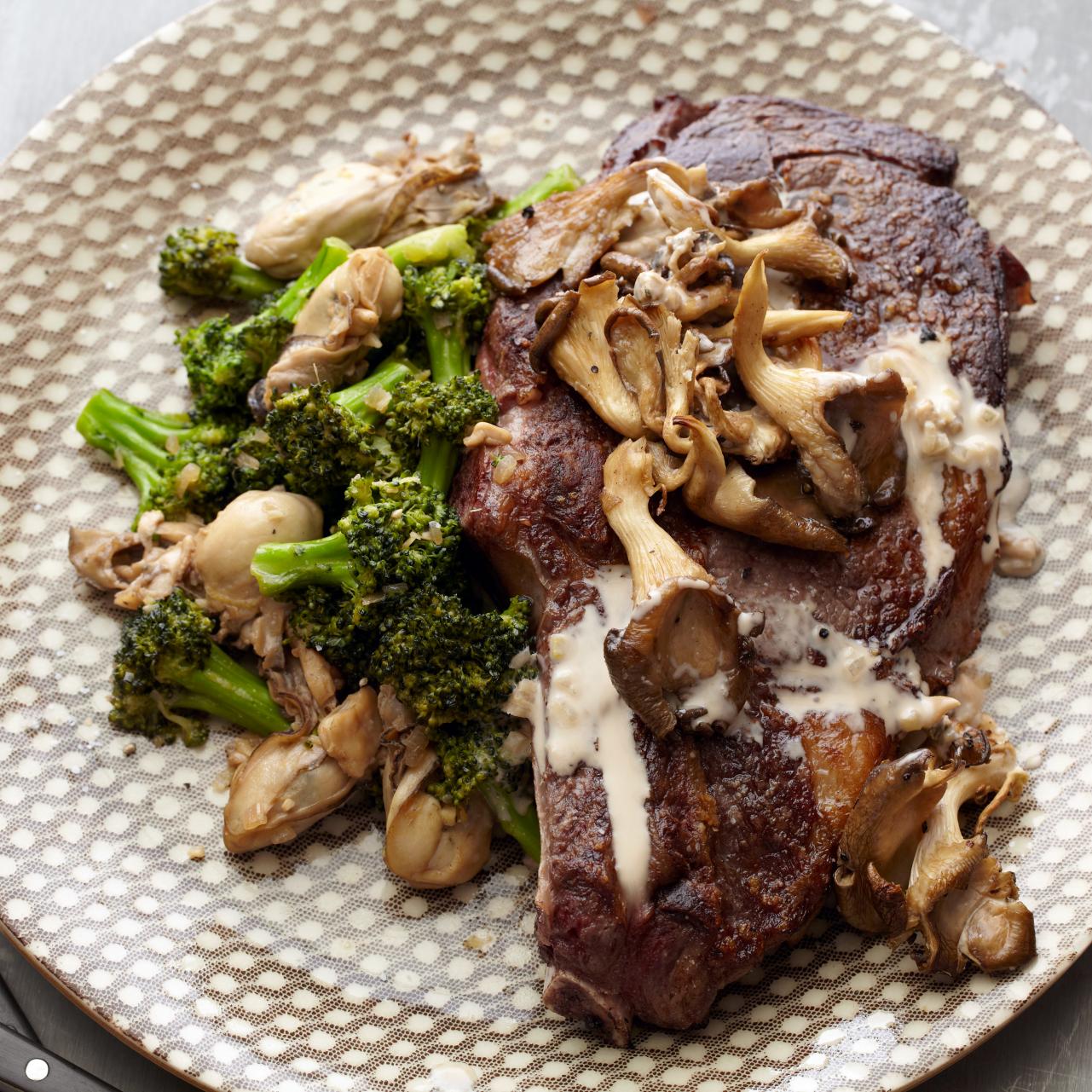 Grilled Rib Eyes with Sauteed Broccoli and Oysters