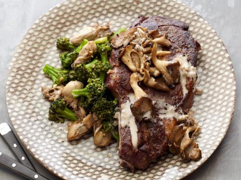 Grilled Rib Eyes with Sauteed Broccoli and Oysters
