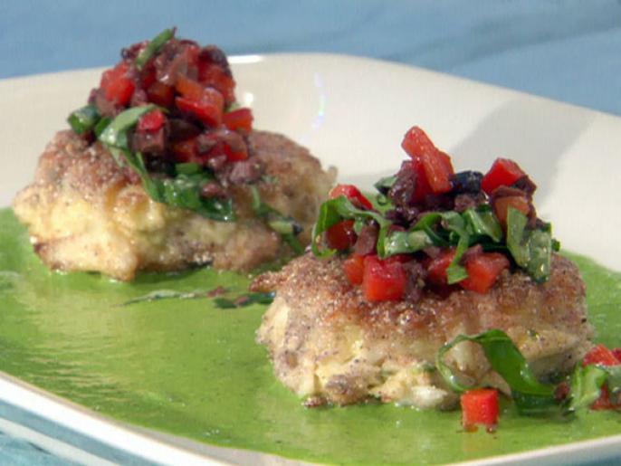 Blue Corn Crab Cakes with Black OliveRed Pepper Relish and Basil