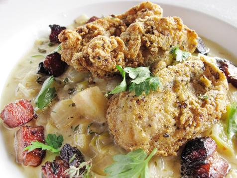 Crispy Fried Oysters with Smoky Bacon and Apple Ragout