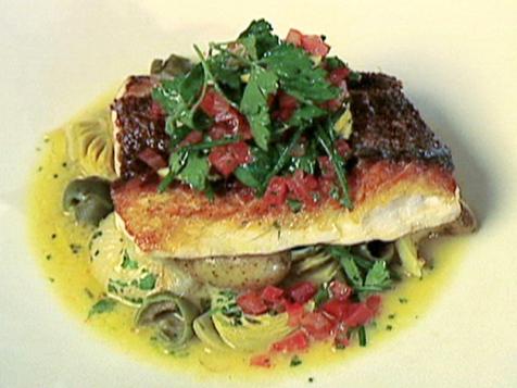 Crisp Red Snapper with Ragout of Potatoes, Onions, Artichokes, and Green Olives with Sauce Vierge