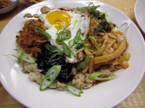 Oat Congee with Fried Eggs and Scallions