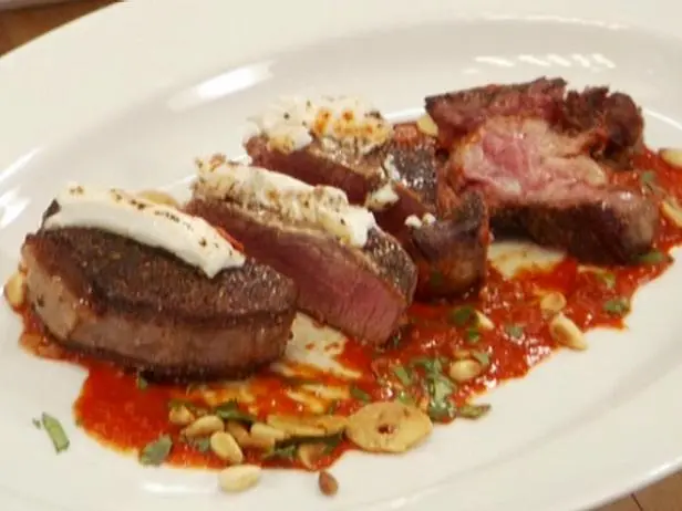 Black Pepper Crusted Filet Mignon with Goat Cheese and Roasted Red Pepper Ancho Salsa