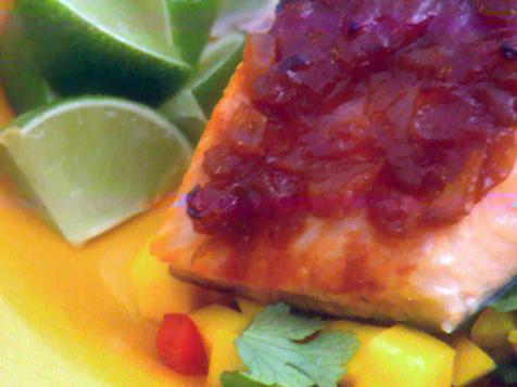 Caribbean Salmon with Guava Barbecue Sauce and Mango Veggie Salsa