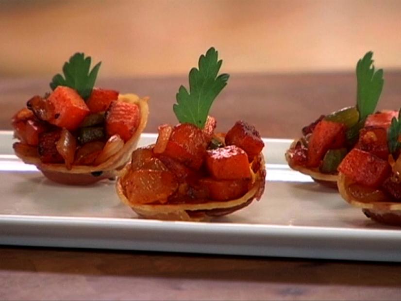Bacon Cups Stuffed with Sweet Potato Hash and Garnished with Fans of Parsley Leaves
