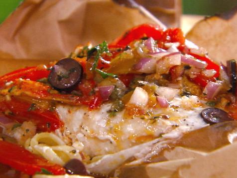 "Lunchbag" Swordfish with Mediterranean Tomato Sauce and Linguini