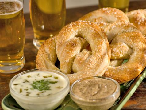 Soft Pretzels with Queso Poblano Sauce and Mustard Sauce