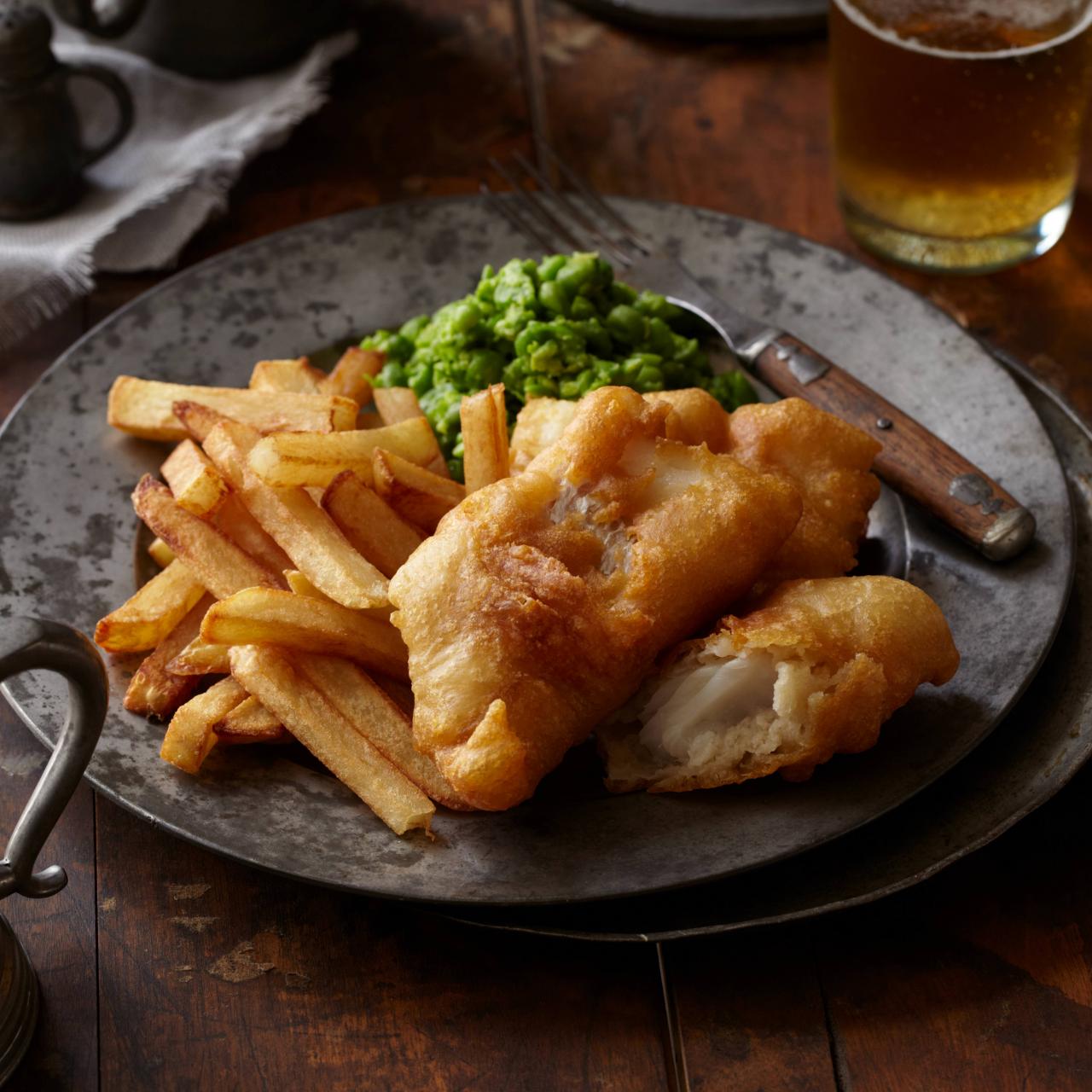 Crispy fish & chips with mushy peas recipe