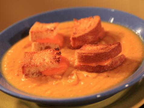 Roasted Root Vegetable Soup with Grilled Cheese Croutons