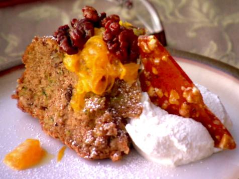 Zucchini Olive Oil Cake with Mandarin Orange Glaze and Walnut Olive Brittle