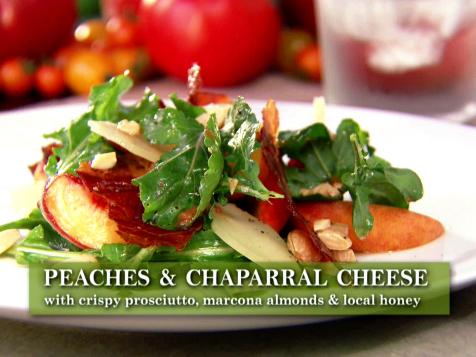 Peaches and Arugula with Goat Cheese, Marcona Almonds, Crispy Prosciutto and Honey