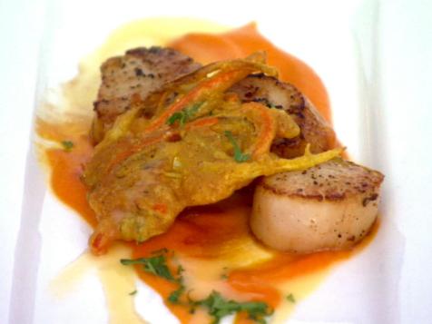 Honey Butter Roasted Scallops with Gingered Carrot Orange Puree and Vegetable Bhaji Fritters