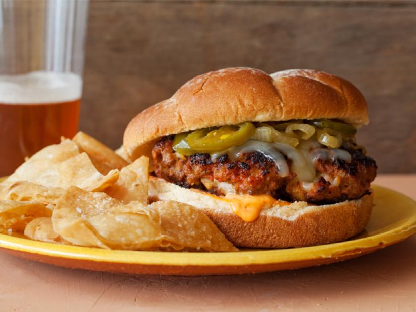 Latin Burgers with Caramelized Onion and Jalapeno Relish and Red Pepper