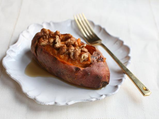 Stuffed Sweet Potatoes with Sweet and Spicy Walnuts