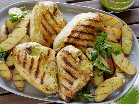 Grilled Chicken with Roasted Garlic-Oregano Vinaigrette and Grilled Fingerling Potatoes