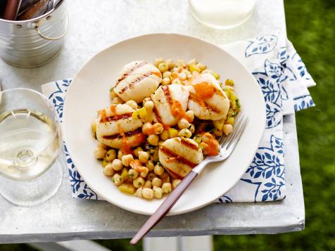 Cumin Grilled Sea Scallops with Chickpea Salad and Red Pepper-Tahini Vinaigrette