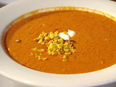 Cream of Roasted Red Bell Pepper Soup with Roasted Sweet Corn and Cilantro- Lime Sour Cream