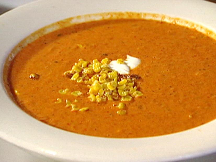 Cream Of Roasted Red Bell Pepper Soup With Roasted Sweet Corn And