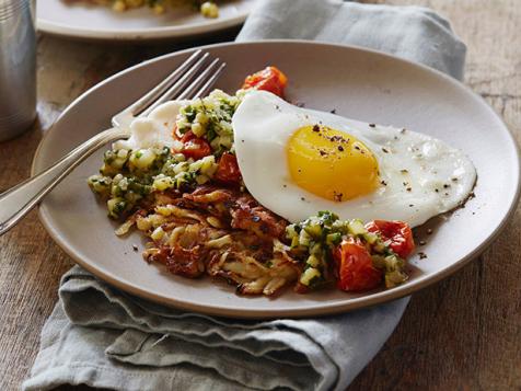 Potato Latkes with Roasted Tomatoes, Zucchini and Fried Eggs