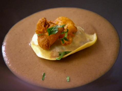 Cream of Mushroom Soup with Roasted Kuri Squash Puree, Chestnut Mushroom Ravioli and Maitaki Mushroom Fritters