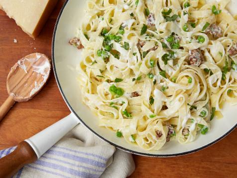 Tagliatelle with Smashed Peas, Sausage, and Ricotta Cheese