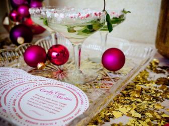 Description or Caption: Cooking Channel Holiday Cocktail Party in glamorous jewel tones with a penguin motif and candy cane cocktials, bar snacks, hot chocolate, ornaments and champagne.
