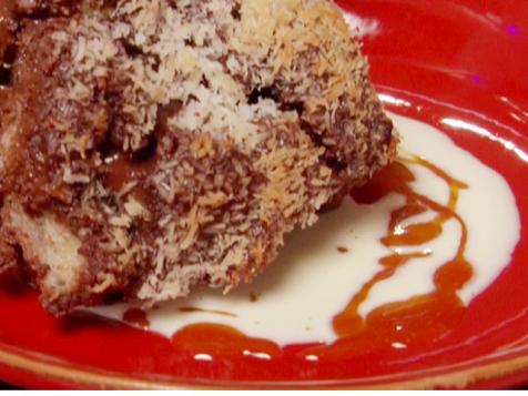 Throwdown's Chocolate-Coconut Bread Pudding with Passion Fruit Sauce
