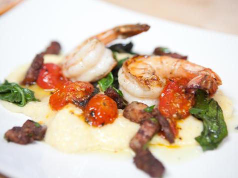 Deconstructed Roasted Tomato Grits and Shrimp, with Sauteed Baby Mustard Greens and Bacon "Confit"
