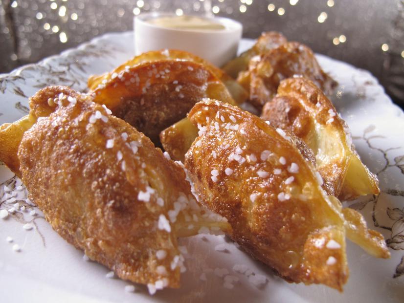 Pretzel Pork and Chive Dumplings with Tahini Mustard Dipping Sauce