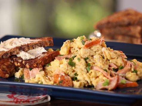 Smoked Salmon and Scallion Scramble with Whole Grain Toast with Goat Cheese Butter
