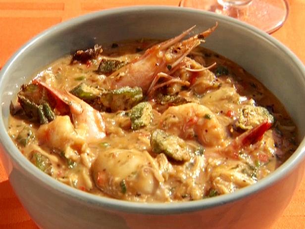 Shellfish And Andouille Gumbo With Shrimp Scallops Clams And Oysters With Crispy Okra Recipe Bobby Flay Cooking Channel