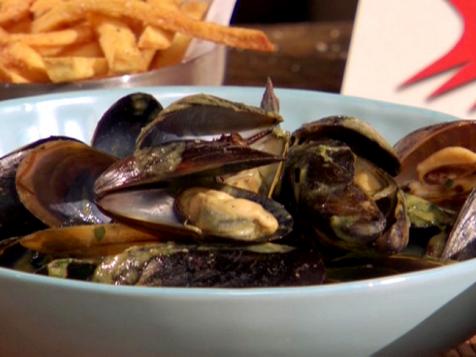 Steamed Mussels with Coconut-Green Chile Broth and Black Pepper French Fries with Smoked Red Pepper Aioli