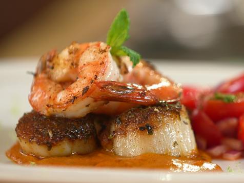 Seared Scallops and Prawns with Coconut Sauce and Tomato Mint Salsa